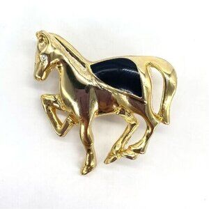 Vintage Gold Black Enamel Rhinestone Horse Brooch Pin